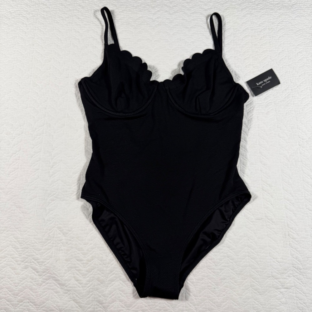Kate Spade Scallop One Piece Swimsuit Women XL Black Classic‎ Textured NWT